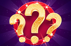 An illustration of three sparkling golden question marks on a round red show light lit board with a purple background