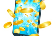 mobile phone with gold coins flying out of it