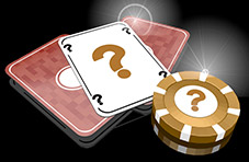 An illustration of a card deck split in two face down with one up card with a question mark and gold chips on a dark background