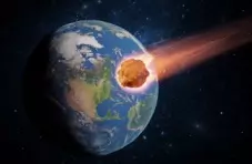 A 3D illustration of a fiery asteroid heading towards planet earth on a dark background