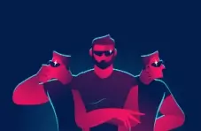 An illustration of 3 cerise bodyguards in dark Tshirts wearing earpireces and shades isolated on a dark blue background