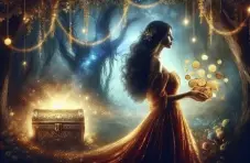 A 3D illustration of a beautiful fairy in a dark forest holding gold coins with a glowing treasure chest