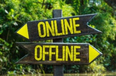 A photo of a signpost pointing towards ‘online’ and ‘offline’ against a lush forest background 