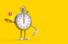 An illustration of a chrome clock with arms and legs holding a yellow bell with a red notification on a yellow background