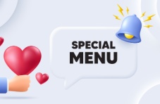 An illustration of an email inbox icon with the words special menu and a hand holding a heart on a light background 