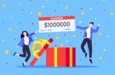 An vector image of a man and woman holding a winner’s cheque over a large open gift box 