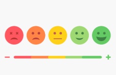 A vector image of a set of emojis ranging in colour from red to green to denote the – and + ratings