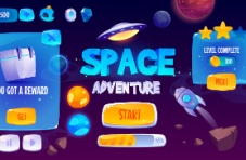 A colourful illustration of a cosmic-themed gaming interface with a blue background