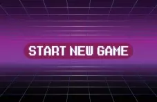 An illustration of a dark pink 'start new game' button in 8-bit retro style on a glowing purple neon grid
