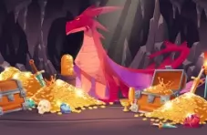 An illustration of a pink dragon in a cave with chests full of treasures and piles of gold coins