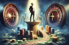 An image of a man in a tux standing on a pedesal between 2 roulette wheels with chips, cash, numbers in the foreground