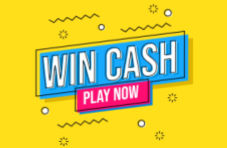 An illustration of a banner displaying ‘win cash’ framed in blue and ‘play now’ framed in pink on a yellow background